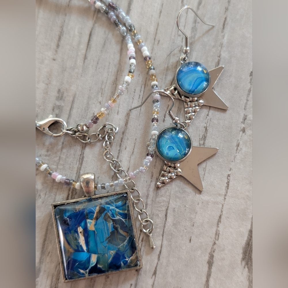 Silver and Blue Beaded Necklace and Earrings Set